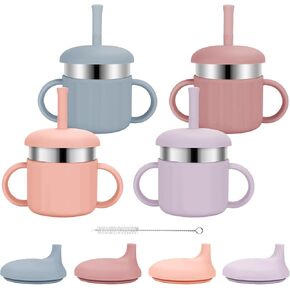 Baby Sippy Cups, 7.4 Oz 3 Stages Training Cup, Straw Cup for Infants Toddlers 6-12 Month and Kids 1-3 Year, Stainless Steel Kid Cups with Silicone Straws, 4 Colors A