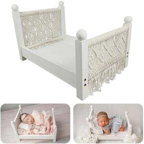 M&G House Newborn Photography Props Bed Woven Wooden Baby Photo Props Classic Retro Photoshoot Bohemian Macrame White Wood Bed Photo Studio Gift