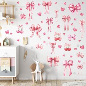 Yinder 12 Sheets Coquette Pink Bow Stickers Y2k Aesthetic Wall Stickers Preppy Pink Bow Heart Cherry Wall Decals Peel and Stick for Bedroom Dresser Playroom Windows Decals Background Decor Home Party
