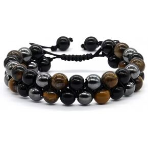 Triple Guardian Bracelet - Authentic Tiger Eye Stone, Obsidian and Hematite 8mm Beads, Unisex Crystal Jewelry, Valentine's Day Gifts Birthday Gifts for Men and Women Brings Wealth and Good Luck