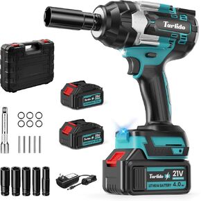 Cordless Impact Wrench, 800Nm /600 Ft-lbs,1/2 Inch Brushless Impact Gun,2600 RPM High Torque,Electric Impact Driver with 2x 4.0Ah Batteries, 6 Sockets, 8 Drill Bits & 6 Screws for Car