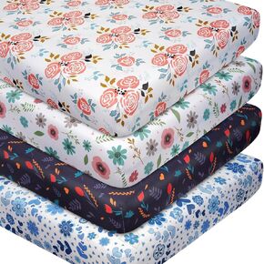 Floral Pattern Crib Sheets Neutral, 4 Pack Fitted Crib Sheets 28 x 52 Inches, Soft Breathable Microfiber Baby Crib Mattress Sheets for Boys & Girls, Standard Crib & Toddler Bed Mattress Cover