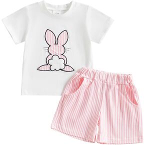 Toddler Boy Girl Bunny Clothes My First Easter Outfits Short Sleeve T-Shirt Strip/Plaid Printed Shorts 2Pcs Summer Set