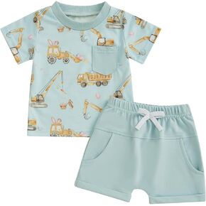 Toddler Baby Boy Easter Outfits Bunny Truck Print Short Sleeve T-shirt Elastic Shorts Infant Summer Farm Clothes