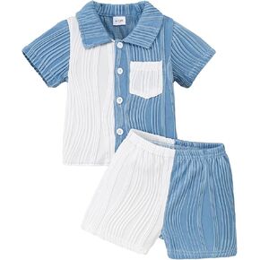 NZRVAWS Toddler Baby Boy Clothes Button Down T-Shirt Short Sleeve Patchwork Top Shorts Set 2PC Little Boy Summer Outfit