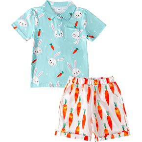 Toddler Boy Easter Outfit Bunny Patterned Shirt Carrot Shorts 2pcs Boys Easter Outfit