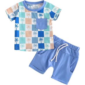 SUREPOCH Toddler Baby Boy Summer Clothes Fun Short-Sleeve Shirt & Elastic Waist Shorts Set For Baby Boy Outfits