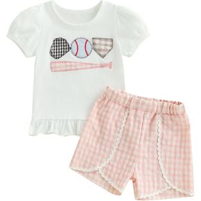 2PCS Summer Outfit Toddler Baby Girl Baseball Short Sleeve T-Shirt Plaid Shorts Set Infant Boy Clothes