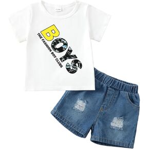 NZRVAWS Baby Boy Clothes Toddler Boy Outfit 2 3 4T 6 12 18 24 Months Spring Summer Letter Printed T Shirt Shorts Ripped Jean