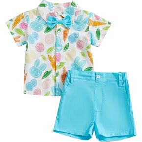 Toddler Baby Boy Easter Outfit Bunny Carrot Print Button Down Short Sleeve Shirt and Shorts Set Summer Clothes