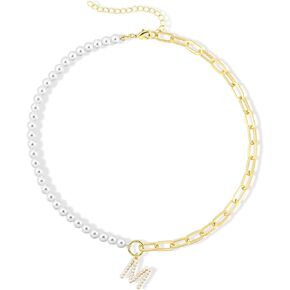 Pearl Initial Necklaces for Women Choker Necklace 14K Gold Plated Paperclip Link Chain Necklace Dainty Pearl Chain for Women Gold Jewelry valentines day gifts for her girlfriend wife