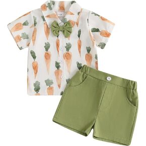 Toddler Boy Easter Outfits Bunny Carrot Print Short Sleeve Button Down Shirt Top Shorts Set Gentleman Suit