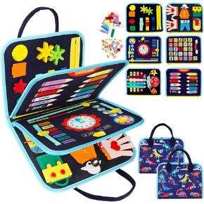 Satisure Toddler Busy Board, Busy Board Montessori Toy for 2 3 4 Year Old, Toddler Activity Book Travel Toys for Preschool Sensory Busy Activities Learning Busy Toy,Gift for Boys Girls Dinosaur