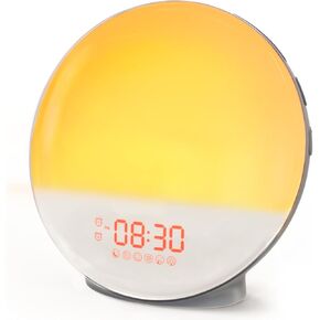 Dekala Gray Sunrise Clock للنوم الثقيل ، استيقظ الضوء مع شروق الشمس/محاكاة غروب الشمس ، إنذارات مزدوجة ، راديو FM ، 7 ألوان الضوء الليلي ، هدية مثالية