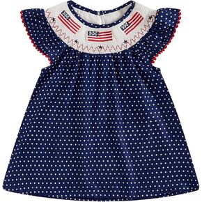 Toddler Baby Girl 4th of July Clothes USA Flag Embroidery Smocked Dress Flutter Sleeve Princess Dresses Summer Outfit