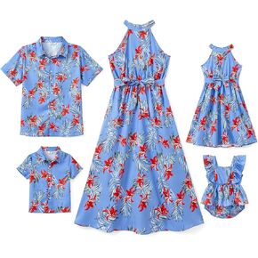 PATPAT Family Hawaiian Matching Outfits Mommy and Me Outfits Caribbean Vacation Summer Tropical Halter Sundresses and Shirts