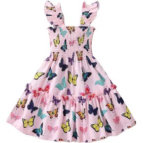 Toddler Girl Dress Kids Ruffle Sleeve Floral Smocked Sundress Sleeveless Swing Tiered Dresses 2-8 Years
