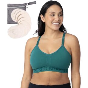 Kindred Bravely Hands Free Busty Pumping Sports Bra (Teal, Large-Busty) & Organic Washable Breast Pads Bundle