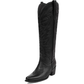 Ouepiano Cowboy Boots for Women Cowgirl Knee High Boots with Classic Embroidered Pull On & Side Zipper Pointed Toe Chunky Heel Vintage Country Western Botas