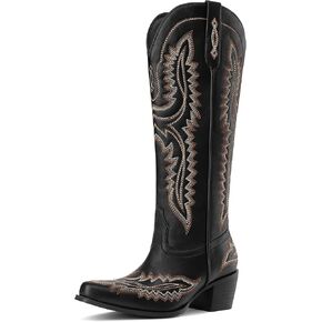 MUCCCUTE Cowboy Boots for Women Cowgirl Boots Western Knee High Pointed Toe with Classic Embroidery Side Zipper Chunky Heel Pull On Retro Country Tall Boot