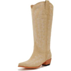 Wide Calf Cowboy Boots Women Plus Size Ladies Cowgirl Boots Knee High Tall Western Style Slip On Pointed Toe Chunky Low Heel