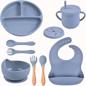 Silicone Baby Feeding Set 10 Pcs - Essentials for Baby's First Meals | Infant Plates, Bowls, Suction Dishes, Bibs | Toddler Dinner Kit with Suction Bowls. Eating Utensils for 6+ Months (Purple)