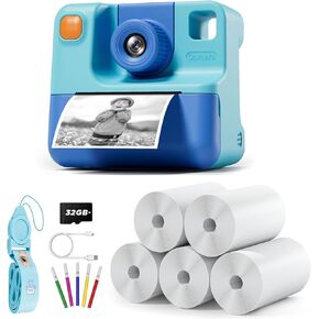 Kids Camera Instant Print, Christmas Birthday Gifts for Toddle Girls Boys Age 3-12, 24MP & 1080P Selfie Digital Camera with 3 Roll No-Ink Print Paper 32G SD Card