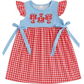 Toddler Baby Girl Summer Outfit Fly Sleeve Crew Neck Bow Crawfish Print Dress Infant A-line Party Lobster Dresses