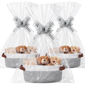 3 Pack Easter Woven Basket with Handles Gift Bags and Ribbons Woven Baskets Storage Empty Decorative Gift Chest Box for Presents Package Baskets Wedding(White and Grey,12"x 8"x 5")