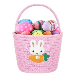 Domensi 1 Pcs Empty Easter Basket for Eggs Hunt Small Bunny Basket with Handle Soft Cotton Rope Woven Gifts for Candy Easter Days Decoration Party Holidays (Pink)