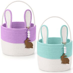2 Pcs Large Easter Baskets Woven Rope Bunny Basket Unique Easter Basket with Rabbit Wood Name Tags for Egg Hunt Girls Boys(Green White,Purple White)