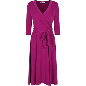 Women's #MadeInUSA 3/4 Sleeve Faux Wrap Midi Dress Knee Length Summer Wedding Guest Party Bridal Baby Shower Maternity Nursing 3zSiQN Magenta S
