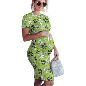 Short Sleeve Maternity Dress Midi Length Casual Lounge Pregnancy Dress Stretch Shirred Maternity Nursing Dress