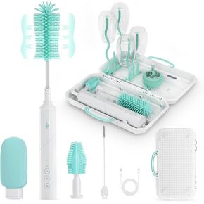 8-in-1 Electric Baby Bottle Brush Cleaner Set – Rechargeable, 3-Speed, 90° Rotating Handle, Waterproof, with Drying Rack & Travel Case, Pink