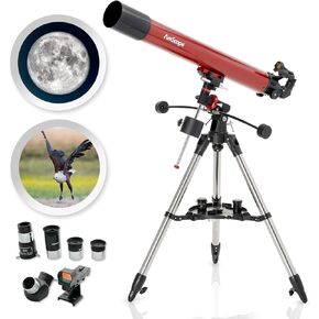 AmScope Refractor EQ Telescope with Equatorial Mount, 80mm Aperture, 900mm Focal Length, Stainless Steel Tripod and Red Dot Finder