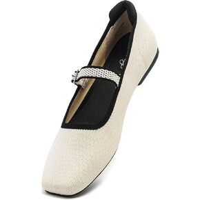 Ballet Flats for Women, Square Toe Mary Jane Shoes Comfortable Dressy Flats Adjustable Straps Washable Knit Casual Office Shoes with Arch Support Latex Insole