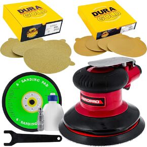 Bundle with TCP Global Professional Heavy Duty 6" Dual-Action Random Orbit Air Palm Sander with Both PSA and Hook & Loop Backing Pads & 80/320 Grit 6" Gold PSA Self Adhesive Stickyback Sanding Discs