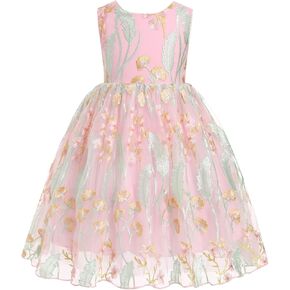 IMEKIS Girls Embroidered Flower Dress Kids Princess Sleeveless Tulle Formal Party Evening Dresses 3-10T