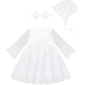 IDOPIP Baby Girl Christening Baptism Dress Lace Flower Girl Wedding Dresses with Headband Bonnet Newborn Birthday Gown Outfit