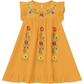 Toddler Baby Girls Mexican Traditional Folk Flutter Sleeve Floral Embroidery Ruffle Cinco De Mayo Fiesta A-line Dress