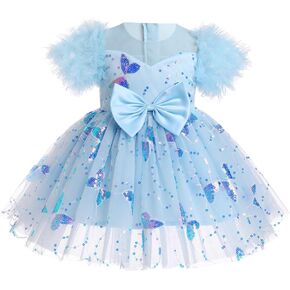 IDOPIP Tutu Dress for Baby Girl Sparkle Sequins Butterfly Tulle Dress Formal Plush Sleeve Pageant Bowknot Wedding Party Dress