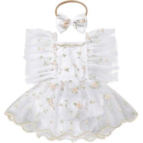 ODASDO Baby Girl Floral Embroidery Tulle Tutu Princess Romper Dress First Birthday Cake Smash Outfit with Bowknot Headband