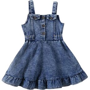 MAINESAKA Toddler Girl Denim Dress Baby Sundress Sleeveless Ruffle Blue Jean Dresses Strape Pleated Layered Cake Summer Dress