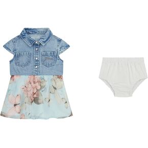 GUESS baby-girls Short Sleeve Mixed Fabrics Dress and Diaper Cover