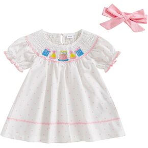 Pudcoco Toddler Baby Girls Birthday Smocked Bishop Dress Polka Dot Embroidery Short Sleeve A-line Pleated Dress