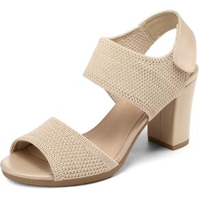 mysoft Women's Chunky Block High Heels Elastic Knit Open Toe Slingback Heeled Sandals