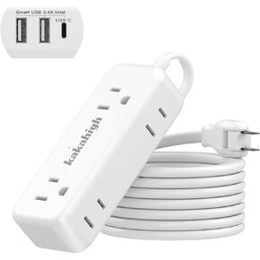 2 Prong Flat Plug Power Strip, 1875W 2 Prong Extension Cord with 180° Rotating Flat Plug, US to Japan Plug Adapter with 4 AC 3 USB, 5 FT Extension Cord, Ideal for Non-Grounded Outlets, Non Surge