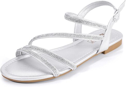 IDIFU Rhinestone Strappy Sandals for Women Dressy Summer Glitter Flat Sandals with Back Strap Open Toe Slingback Ankle Strap Sandals Wedding Bridal Prom Sparkly Bling Comfortable Cute Dress Sandals in Kuwait