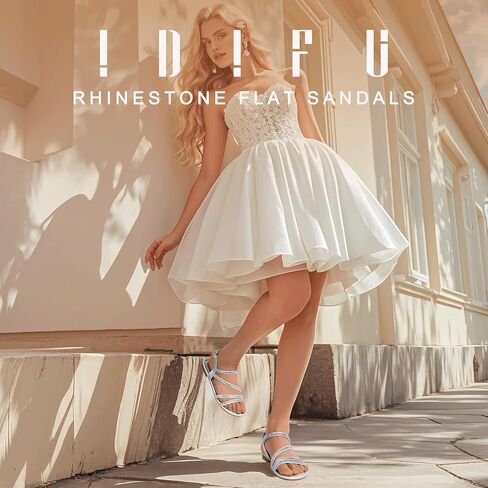 IDIFU Rhinestone Strappy Sandals for Women Dressy Summer Glitter Flat Sandals with Back Strap Open Toe Slingback Ankle Strap Sandals Wedding Bridal Prom Sparkly Bling Comfortable Cute Dress Sandals in Kuwait
