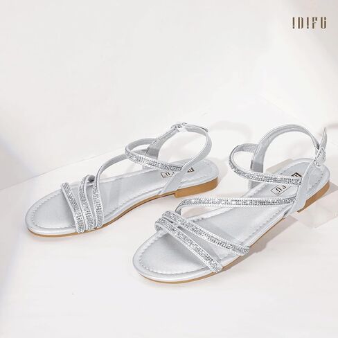 IDIFU Rhinestone Strappy Sandals for Women Dressy Summer Glitter Flat Sandals with Back Strap Open Toe Slingback Ankle Strap Sandals Wedding Bridal Prom Sparkly Bling Comfortable Cute Dress Sandals in Kuwait